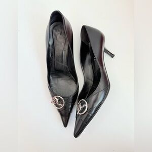 Christian Dior Black Leather Vintage John Galliano Silver logo pumps EU 37.5